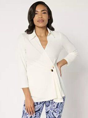 Susan Graver Liquid Knit Faux-Wrap Cascade 3/4 Sleeve Top - Size: XS - NIP